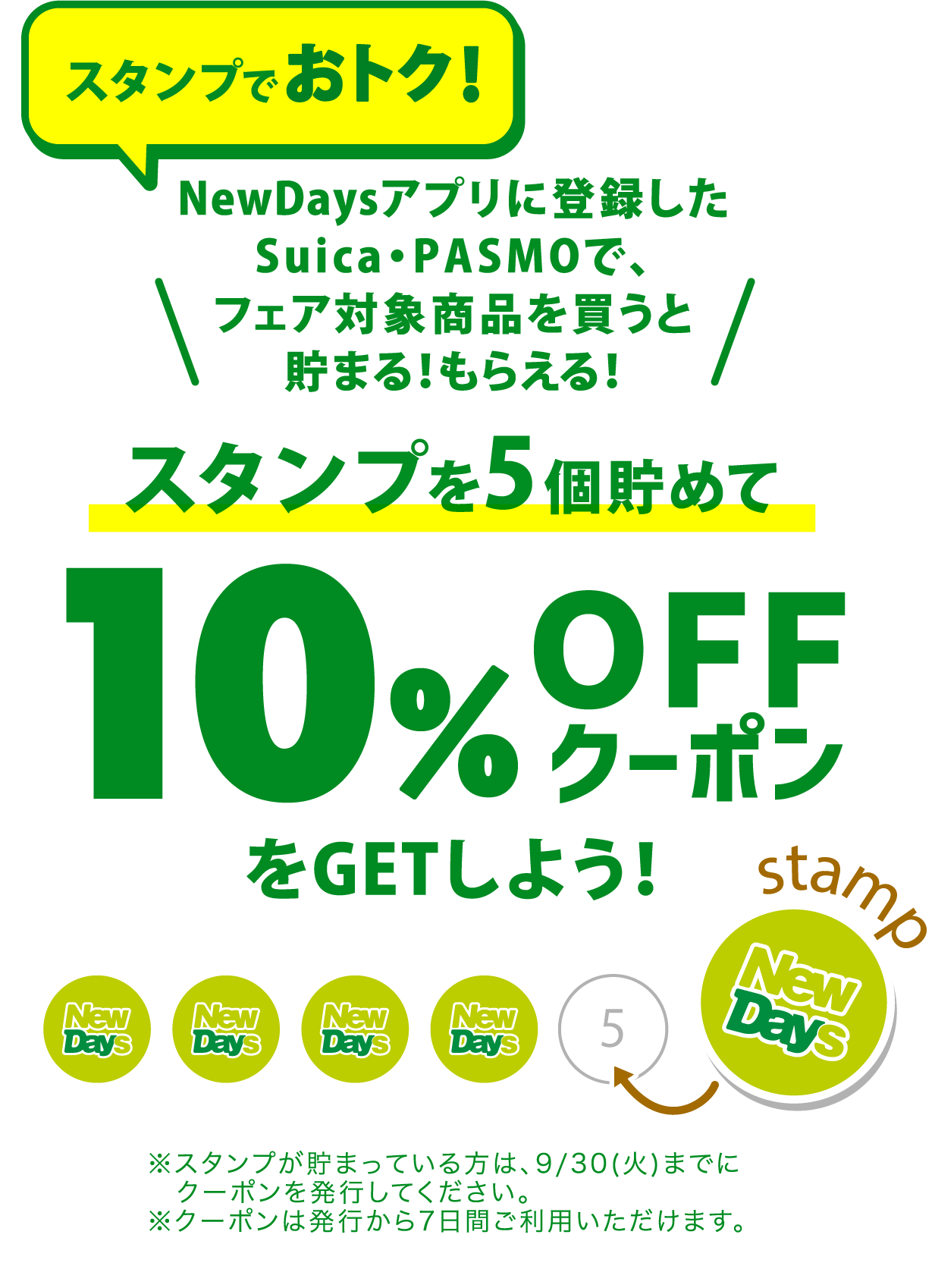 スタンプでおトク! スタンプを5個貯めて10%OFFクーポンをGETしよう! NewDaysアプリに登録したSuica・Pasmoで、フェア対象商品を買うと貯まる!もらえる! ※スタンプが貯まっている方は、9/30(火)までにクーポンを発行してください。※クーポンは発行から7日間ご利用いただけます。
